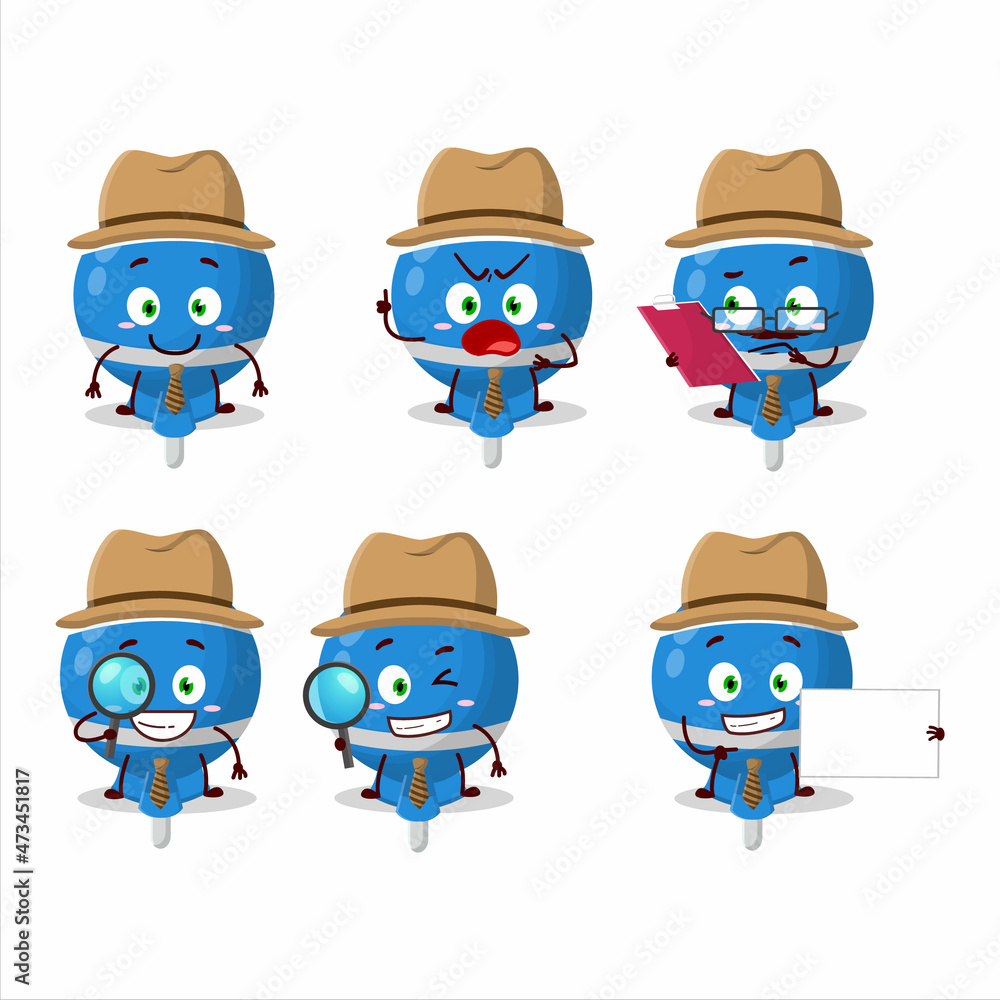 Detective blue lolipop wrapped cute cartoon character holding magnifying glass