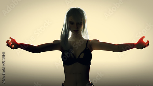 Beautiful portrait of a Cute Girl. Gradien Background. Warm light. Steel armor, Realistic 3d render model with blue hair High quality 3d illustration