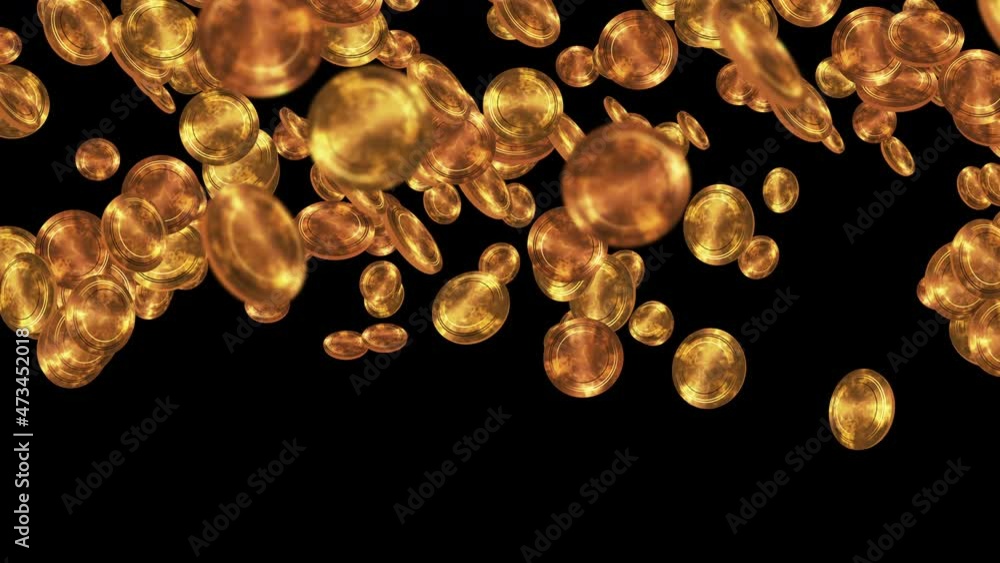 Golden antique coins floating in air on black background. Gold coin in ...