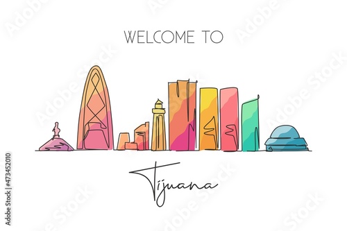 One continuous line drawing Tijuana city skyline, Mexico. Beautiful landmark postcard. World landscape tourism and travel vacation. Editable stylish stroke single line draw design vector illustration photo