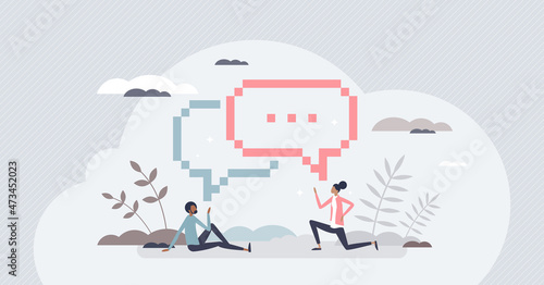 Digital communication and talk using online chat messages tiny person concept. SMS technology service for cellphone text conversation vector illustration. Modern social interaction and content send.