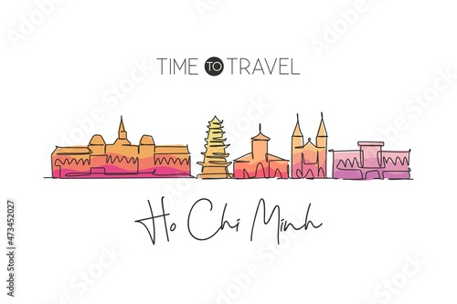 One single line drawing Ho Chi Minh city skyline, Vietnam. World town landscape home decor wall art poster print. Best place holiday destination. Trendy continuous line draw design vector illustration