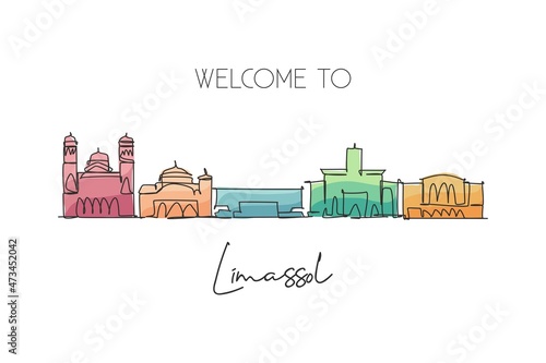 One continuous line drawing Limassol city skyline, Cyprus. Beautiful landmark postcard. World landscape tourism and travel vacation. Editable stylish stroke single line draw design vector illustration