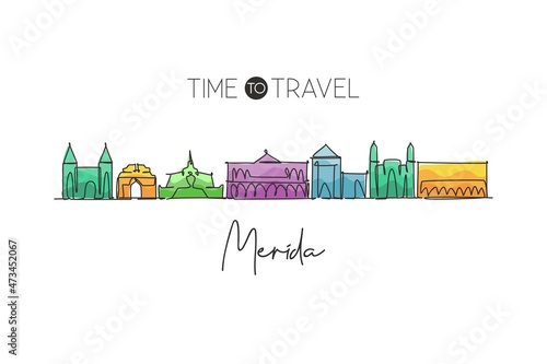One continuous line drawing of Merida city skyline, Mexico. Beautiful landmark home decor poster print. World landscape tourism and travel vacation. Stylish single line draw design vector illustration