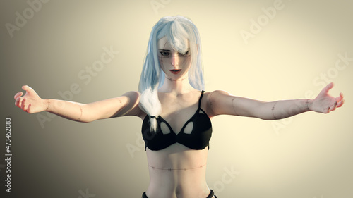 Beautiful portrait of a Cute Girl. Gradien Background. Warm light. Steel armor, Realistic 3d render model with blue hair High quality 3d illustration