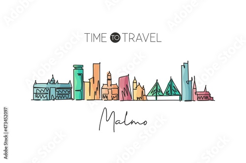 Single continuous line drawing of Malmo skyline, Sweden. Famous city scraper landscape. World travel destination home decor wall poster print concept. Modern one line draw design vector illustration