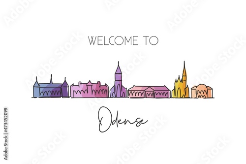 One single line drawing Odense city skyline, Denmark. World historical town landscape postcard. Best place holiday destination. Editable stroke trendy continuous line draw design vector illustration