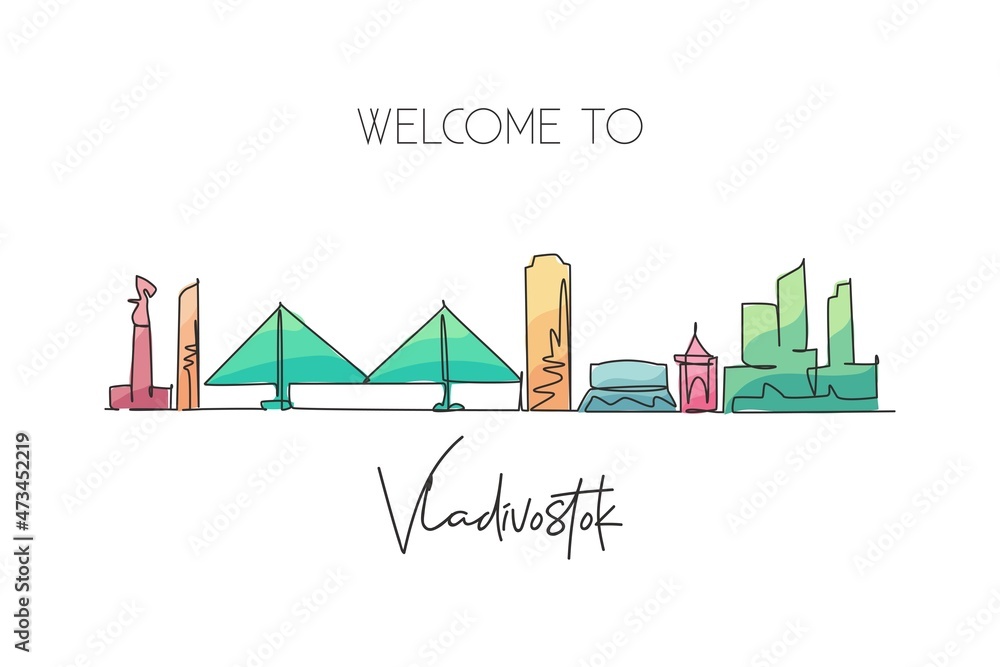 One single line drawing of Vladivostok city skyline, Russia. World town landscape postcard. Best place holiday destination. Editable stroke trendy continuous line draw design art vector illustration