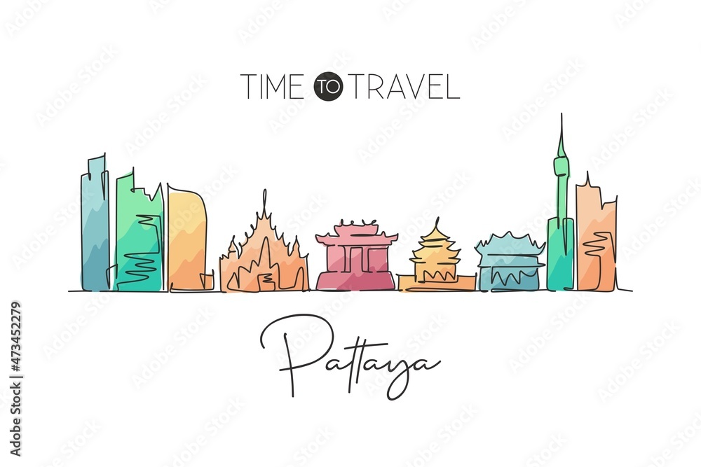 One single line drawing Pattaya city skyline, Thailand. World town landscape home wall decor poster print art. Best place holiday destination. Trendy continuous line draw design vector illustration