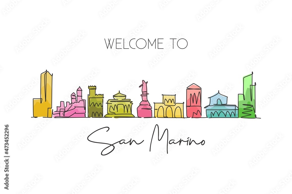 Fototapeta premium One continuous line drawing San Marino city skyline San Marino. Beautiful landmark wall decor poster print. World landscape tourism travel vacation. Stylish single line draw design vector illustration