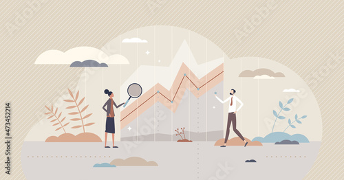 Data visualization and report presentation or explanation tiny person concept. Display of information with statistics, forecasting or financial graph vector illustration. Economical development chart.