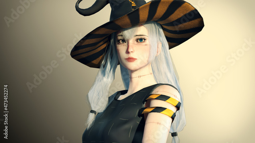 Beautiful portrait of a Cute Girl. Gradien Background. Warm light. Steel armor, Realistic 3d render model with blue hair High quality 3d illustration