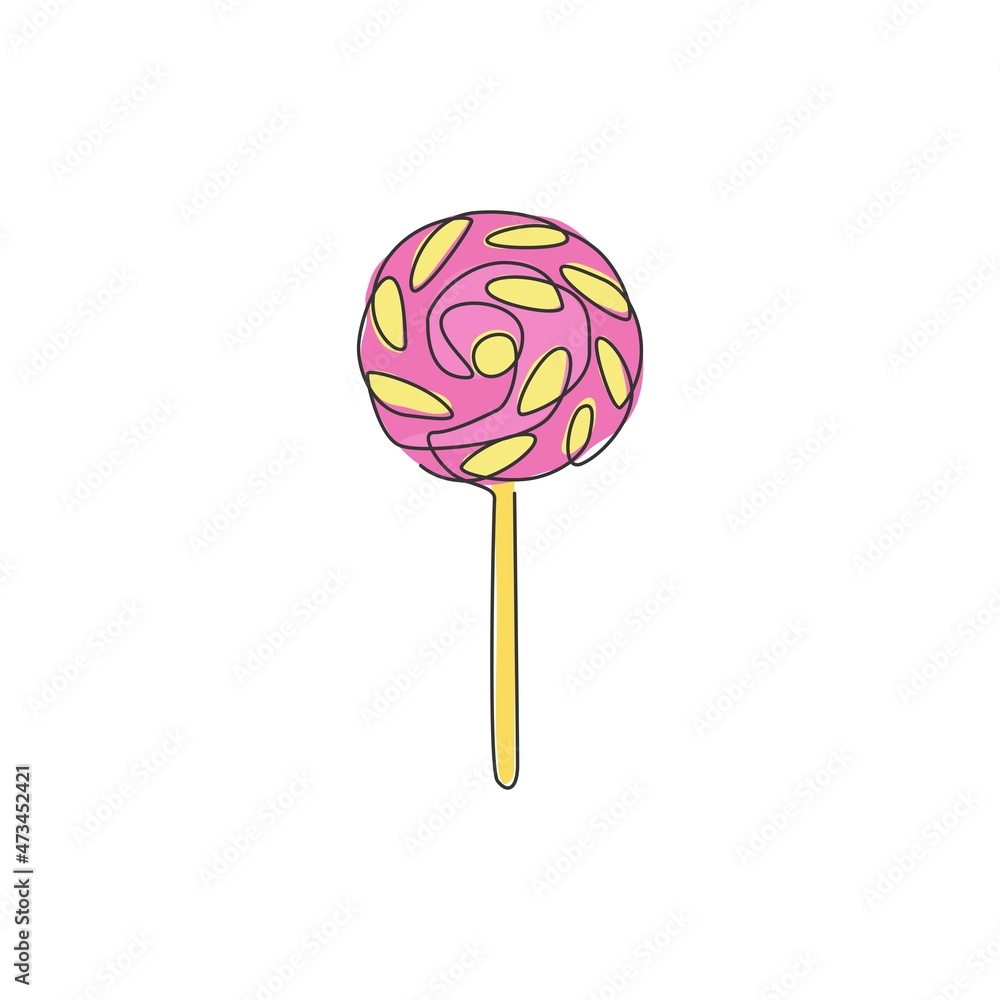One single line drawing of fresh sweet online swirly lollipop shop logo vector illustration. Assorted confectionery candy store and badge concept. Modern continuous line draw design snack logotype One single line drawing of fresh sweet online swirly lollipop shop logo vector illustration. Assorted confectionery candy store and badge concept. Modern continuous line draw design snack logotype