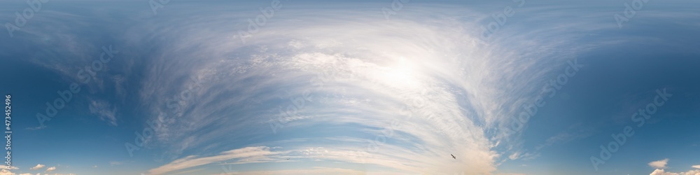 Blue sky with Cirrus clouds panorama, without ground. Complete zenith for easy use in 3D graphics and panorama for composites in aerial and ground spherical panoramas as a sky dome or sky replacement.