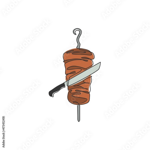 One single line drawing of fresh hot spicy Turkish kebab shop logo vector illustration. Shawarma food cafe menu and restaurant badge concept. Modern continuous line draw design street food logotype