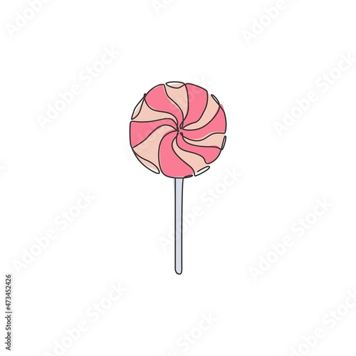 One continuous line drawing of sweet delicious swirly online lollipop candy shop logo emblem. Assorted confectionery store logotype template concept. Modern single line draw design vector illustration