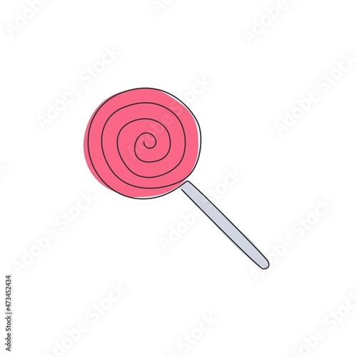 Single continuous line drawing of stylized spiral lollipop candy shop logo label. Emblem sweet confectionery store concept. Modern one line draw design vector illustration for snack delivery service