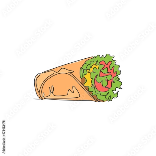 Single continuous line drawing of stylized Mexican burritos shop logo label. Emblem taco fast food restaurant concept. Modern one line draw design vector illustration for cafe or food delivery service
