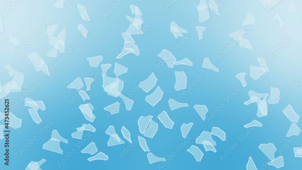 Many broken glass floating in air on blue background. Business damage concept. Sharp piece of splitted clear glass. Loop animation. Many broken glass floating in air on blue background. Business damage concept. Sharp piece of splitted clear glass. Loop animation.