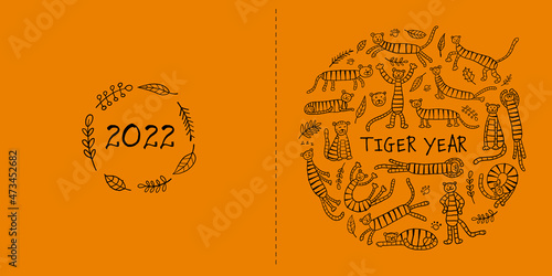 Funny Tigers Family, animal characters. Symbol of 2022 New Year. Design Templ...