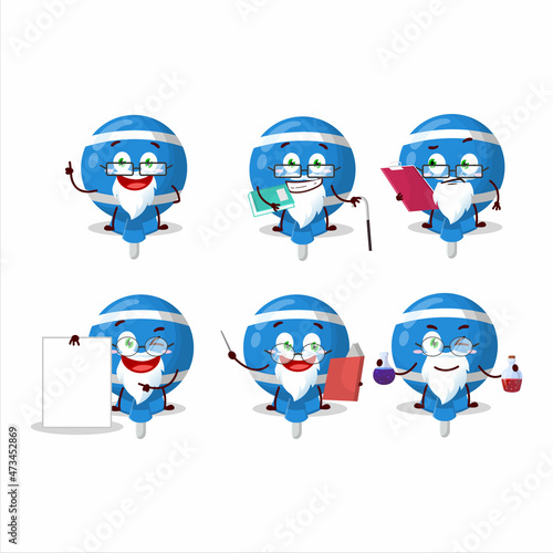 Professor blue lolipop wrapped academic cartoon character working on laboratory