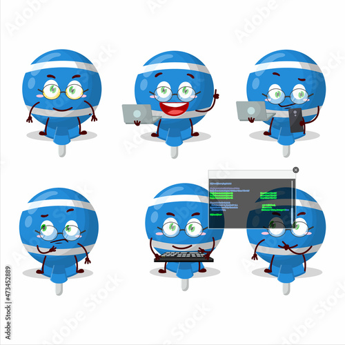 Blue lolipop wrapped Programmer cute cartoon character with