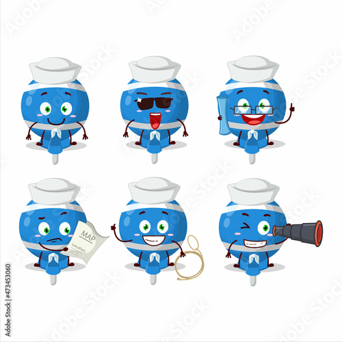 A character image design of blue lolipop wrapped as a ship captain with binocular