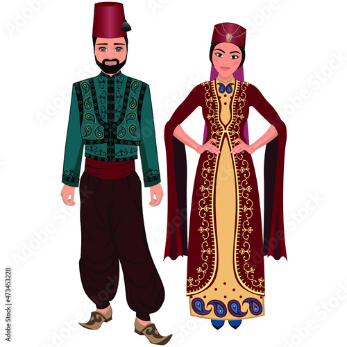 Woman and man in folk national Turkish costumes. Vector illustration