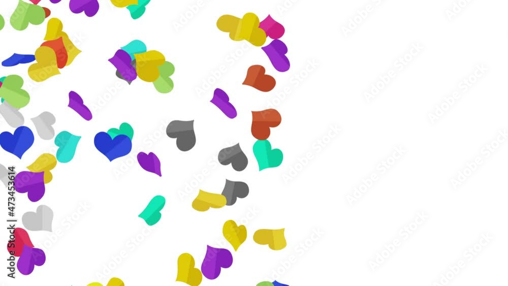 Many colorful hearts floating in air on white background. Heart icons explosion illustration. Childhood education concept. 3D loop animation. Many colorful hearts floating in air on white background. Heart icons explosion illustration. Childhood education concept. 3D loop animation.
