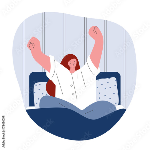 Woman stretches while sitting in bed. Vector illustration in flat style.
