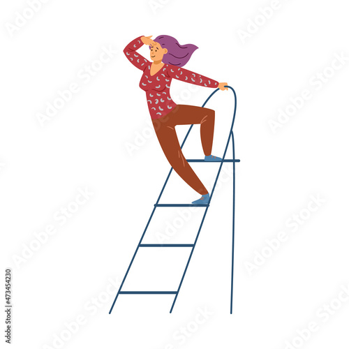 Visionary woman looks into distance, standing on ladder makes plans for future