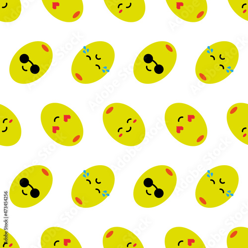 Cute stuffed green olives characters with different facial expressions vector seamless pattern background.