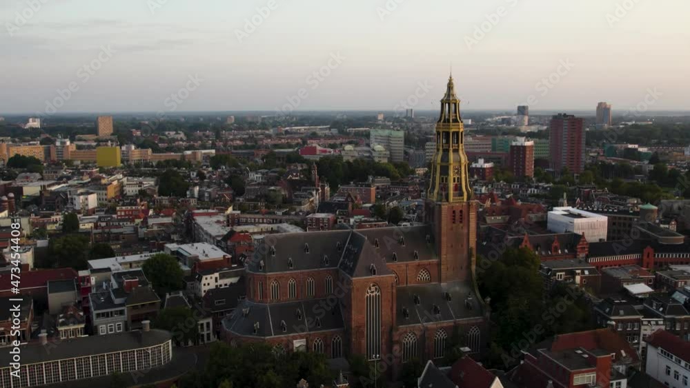 Drone Shot of Der AA-kerk at Sunset in Groningen's City Center, The Netherlands. 4K. Drone Shot of Der AA-kerk at Sunset in Groningen's City Center, The Netherlands. 4K.