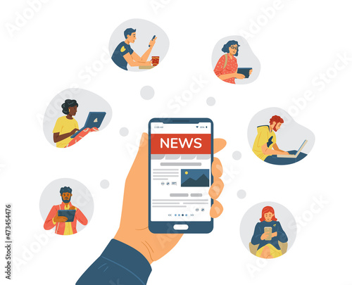 People read news online on phones, tablets, laptops or computers in flat vector
