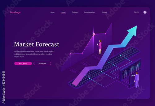 Market forecast banner. Economy analysis, financial strategy, research business opportunities. Vector landing page with isometric illustration of charts, growth graph and people