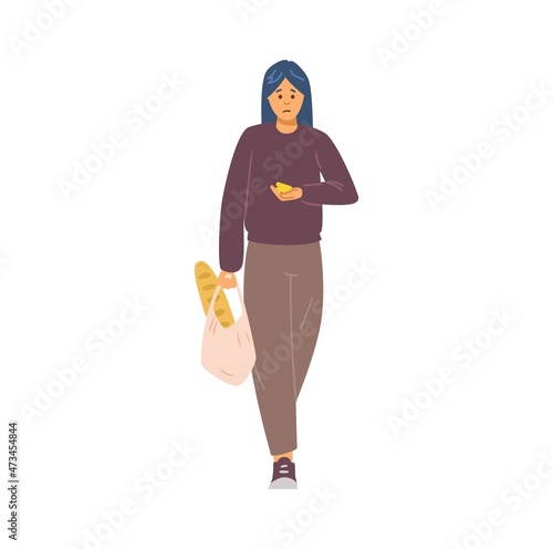 Poor modestly dressed woman who lacks money for food, flat cartoon vector illustration isolated on white background. Poverty economic problem and crisis concept