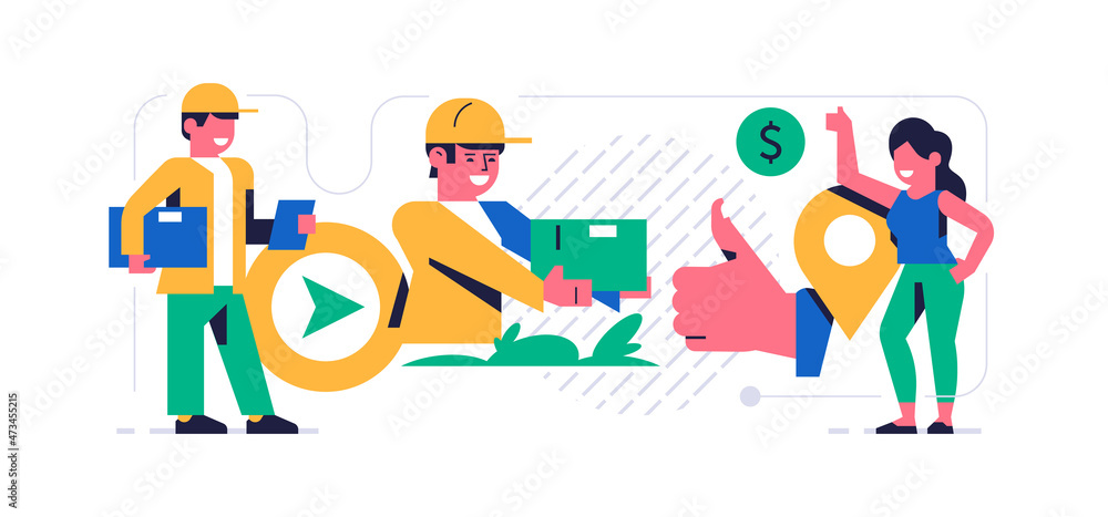Online parcel delivery service concept. Online service for fast delivery of parcel to your home. The courier gives the box with the order to the woman. Hand like symbol. Flat vector illustration