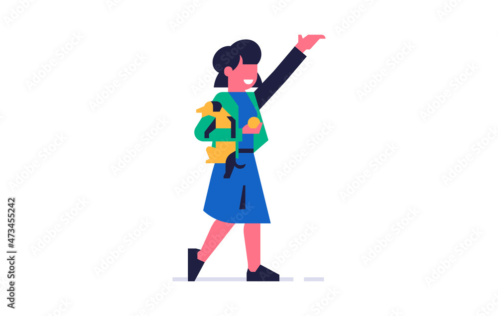 Happy girl holding a small dog and a yellow ball in her hands. Joyful girl with her beloved pet dog. Flat vector illustration isolated on background Happy girl holding a small dog and a yellow ball in her hands. Joyful girl with her beloved pet dog. Flat vector illustration isolated on background