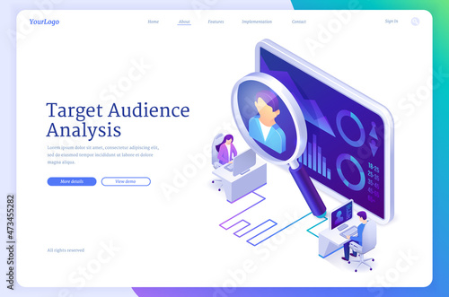 Target audience analysis banner. Customer focus group analytics, research user experience, marketing business strategy concept. Vector landing page with isometric people and client profile on screen