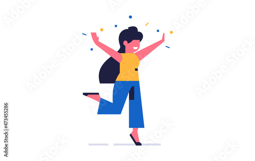 A happy woman stands on one leg and spreads her arms to the sides with joy. The girl has happy emotions. Flat vector illustration isolated on background.