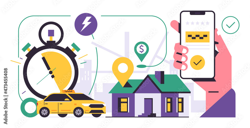 Naklejka premium Taxi ordering service mobile application concept. A hand holding a phone with booking a taxi on the display. A yellow car is waiting for a passenger at the house. City map, stopwatch.