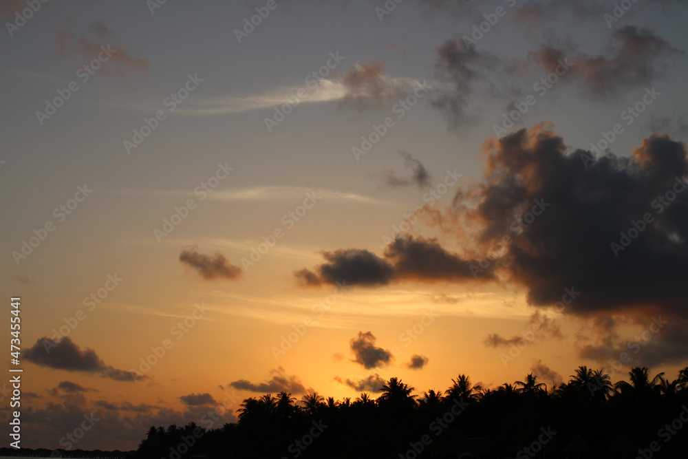 Beautiful sunset in the Maldives. The tops of palm trees against the background of the setting sun and the orange sky with clouds.