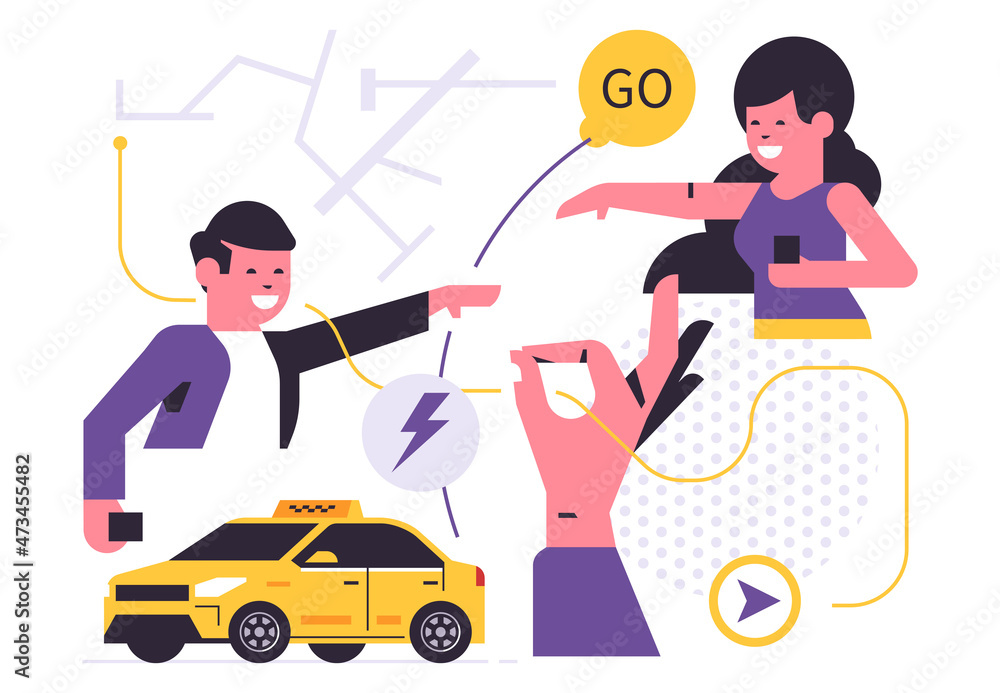Online taxi ordering service. Happy passengers waiting for a yellow taxi. Urban service cab. Man and woman, city map, line, route, sign, icon. Flat vector illustration