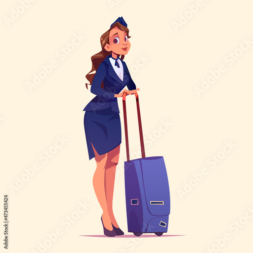 Air hostess, stewardess with luggage. Young woman in uniform, aircrew company plane flight attendant. Career and professional occupation airport employee with suitcase, Cartoon vector illustration