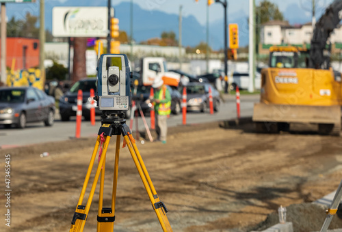 Surveyor equipment theodolite on construction site of highway or road. Surveyor equipment optical level