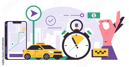 Online taxi ordering service. Phone with a city map for ordering a yellow taxi on display. Yellow car  city  hand showing ok symbol  stopwatch  pin  gps point  money. Flat vector illustration