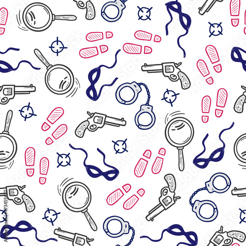 Detective seamless pattern. Hand drawn sketch doodle style crime background. Footprint, fingerprint, magnifier detective investigation pattern. Vector illustration.