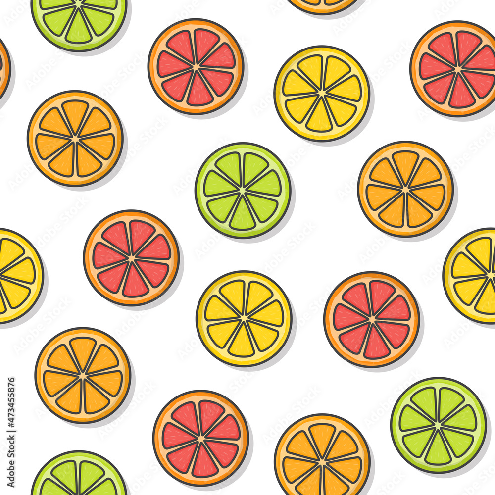 Citrus Fruit Seamless Pattern On A White Background. Fresh Orange, Grapefruit, Lemon, Lime Icon Vector Illustration