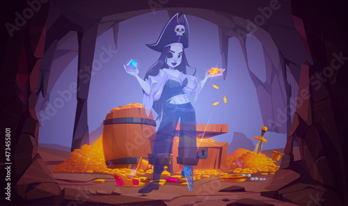 Ghost of girl pirate in cave with treasure. Vector cartoon illustration of rock mine with wooden chest with riches, gold coins piles, gems and spirit of dead woman captain. Halloween spooky background