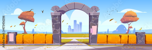 Autumn landscape with stone arch entrance to public park or garden, shrub hedge and city buildings on skyline. Vector cartoon illustration of fence with orange bushes and archway portal